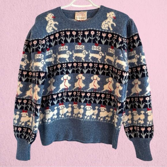 Vintage 80s Susan Bristol wool sweater dog print - Picture 2 of 9